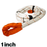 Canyon Rigging product photo of a 1 inch (diameter) synthetic tow ropes. In the bottom left corner there is an indicator of the width of the tow rope which is 1 inch.