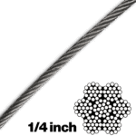 Canyon Rigging product photo of 7X19 1/4 inch wire rope (galvanized aircraft cable). In the lower right hand corner there is an illustration of the wire rope type which is 7x19. There is also an indicator to the width of the wire rope, which is 1/4 inch.