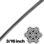 Canyon Rigging product photo of a 7X19 3/16 inch wire rope (galvanized aircraft cable). In the lower right hand side there is an illustration of the cable type, which is 7x19. There is also an indicator the the wire rope diameter, which is 3/16 of an inch.