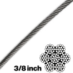 Canyon Rigging product photo of a 7X19 3/8 inch wire rope (galvanized aircraft cable). in the lower right hand of the photo is an illustration of the type of cable that it is, which is 7x19. There is also an indicator to the wire rope size which is 3/8 inch.