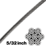 Canyon Rigging product photo of 7X19 5/32 inch wire rope (galvanized aircraft cable). in the lower right hand side there is an illustration of the wire rope type which is 7x19. beside it is the cable size, which is 5/32