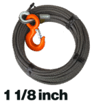 Canyon Rigging product photo for a 1 1/8 inch wire rope winch lines with eye hoist hook. In the bottom left corner there is a indicator to the diameter of the wire rope which is 1 1/8 inch.