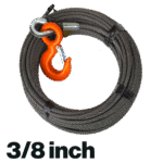Canyon Rigging product photo of 3/8 Wire Rope Winch Lines With Eye Hoist Hook. in the bottom left corner is a 3/8inch indicator to the winch line diameter.