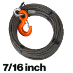 Canyon Rigging product photo of 7/16 wire rope winch lines with eye hoist hook. in the bottom left corner there is a size indicator for the diameter of 7/16 inch.