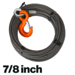 Canyon Rigging product photo of a 7/8 wire rope winch lines with eye hoist hook. In a lower left corner there is an indicator to the wire rope size for the winch line which is 7/8 inch.