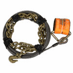 Canyon Rigging product photo of a wire rope log wrapper with a thimble and grab hook. Equipped on the end of the thimble there is a d ring winch strap