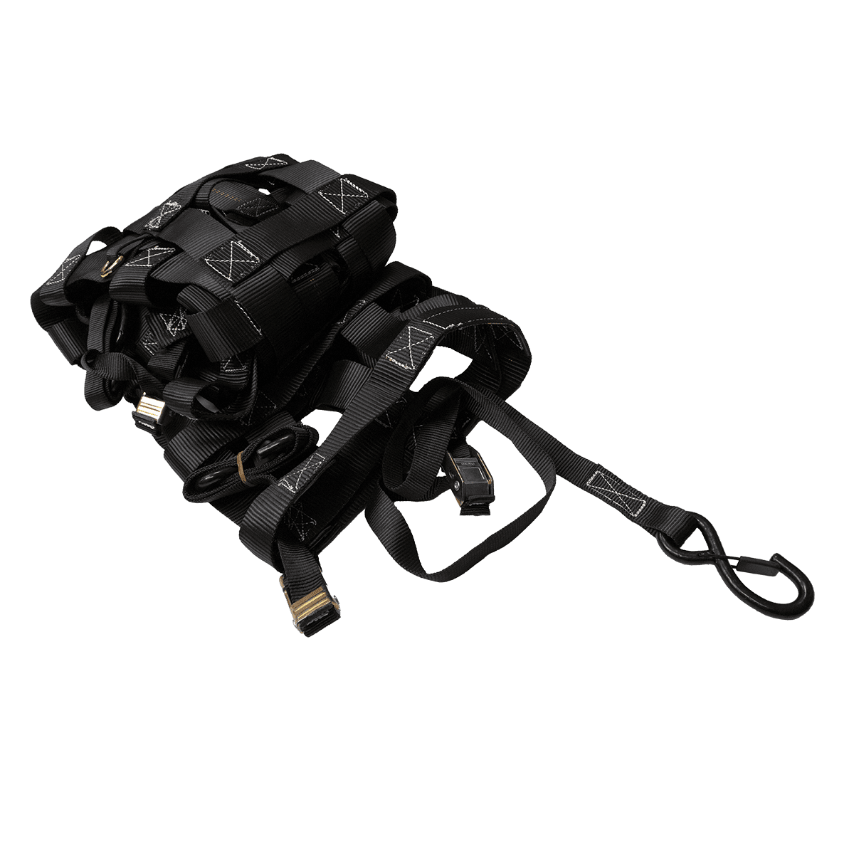 Canyon Rigging product photo of a black cargo net. The net is folded displaying