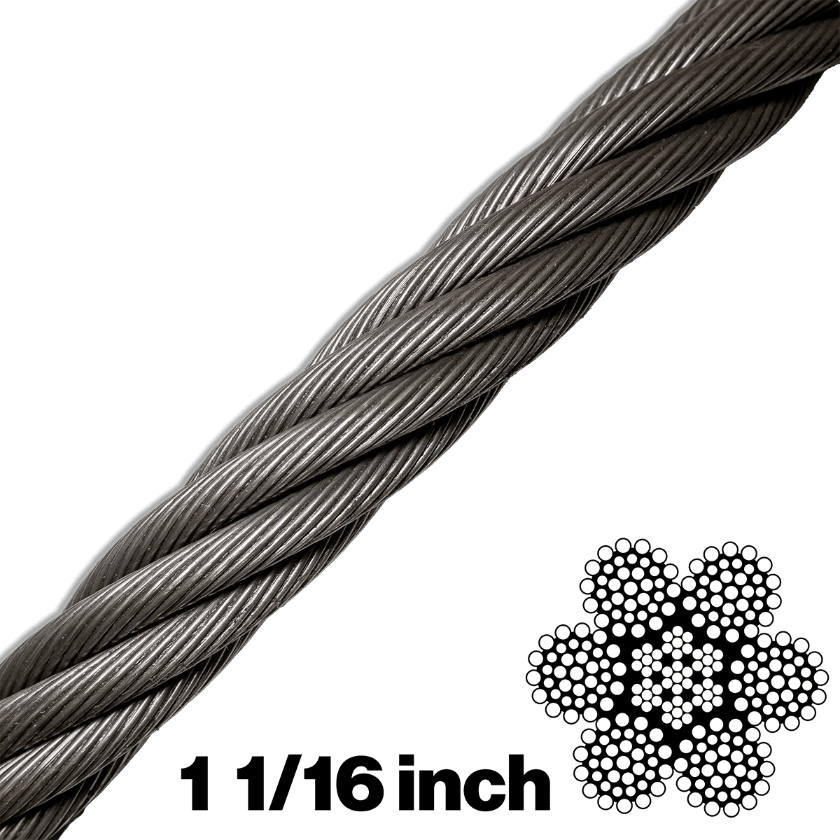 Canyon Rigging product photo of 6X36 1 1/16 Inch wire rope (ungalvanized cable). there is a graphic showing its build type which is 3x36 and text indicating to its diameter which is 1 1/16 of an inch