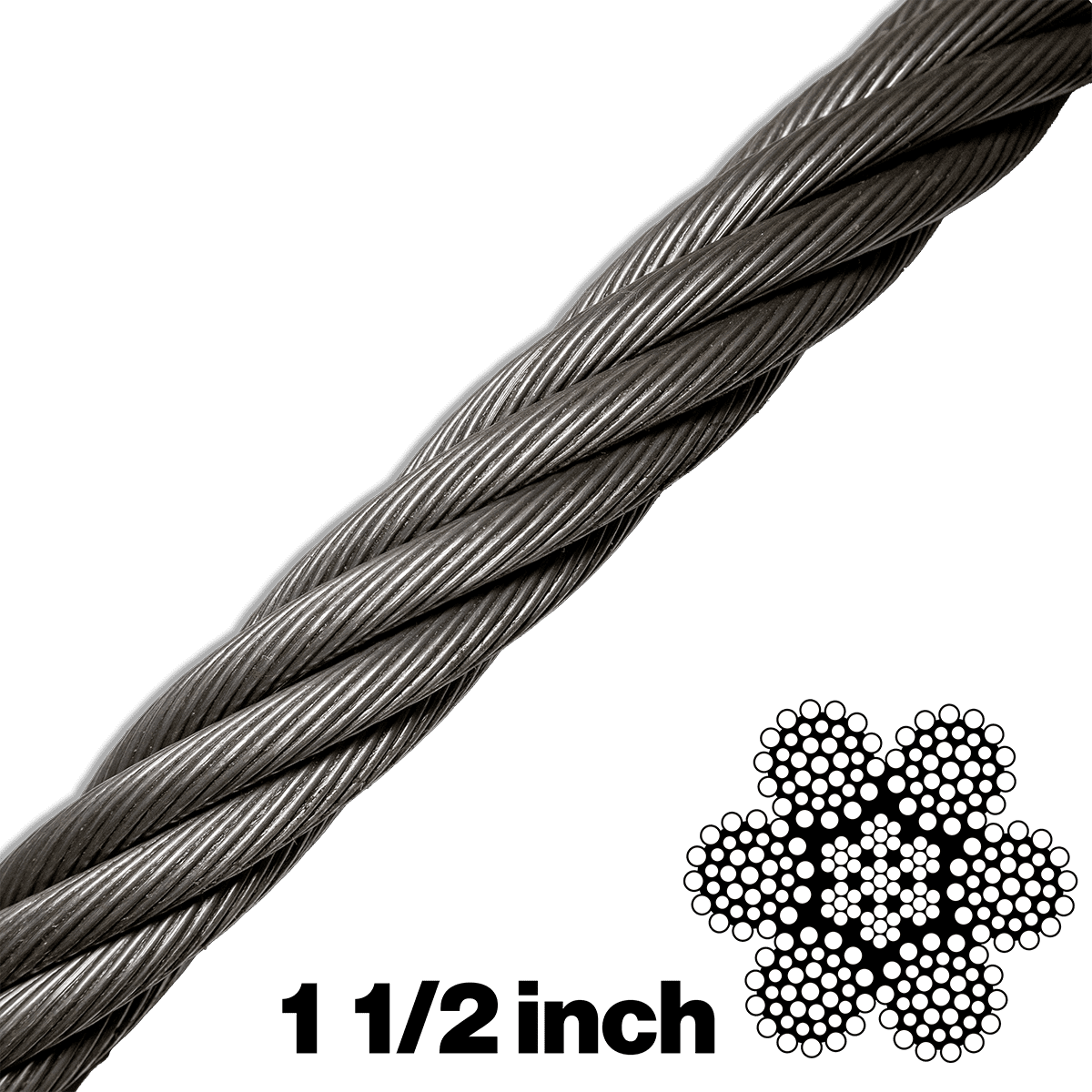 Canyon Rigging product photo of a 6X36 1 1/2 Inch wire rope (ungalvanized cable). in the lower right hand corner there is a graphic indicating to the wire build type which is 6x26. There is also a indicator to the wires diameter which is 1 1/2 an inch.