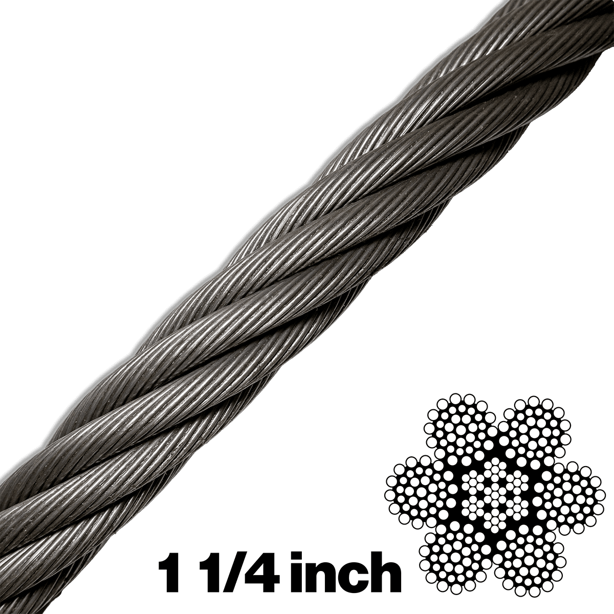 Canyon Rigging product photo of a 6X36 1 1/4 Inch wire rope (ungalvanized cable). in the lower right hand corner there is a graphic indicating to the wire build type which is 6x26. There is also a indicator to the wires diameter which is 1 1/4 an inch.