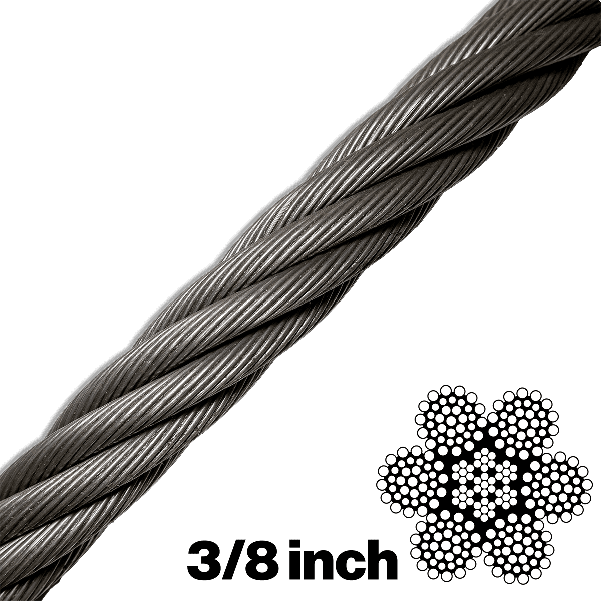 Canyon Rigging product photo of a 6X36 3/8 Inch wire rope (ungalvanized cable). in the lower right hand corner there is a graphic indicating to the wire build type which is 6x26. There is also a indicator to the wires diameter which is 3/8 an inch.