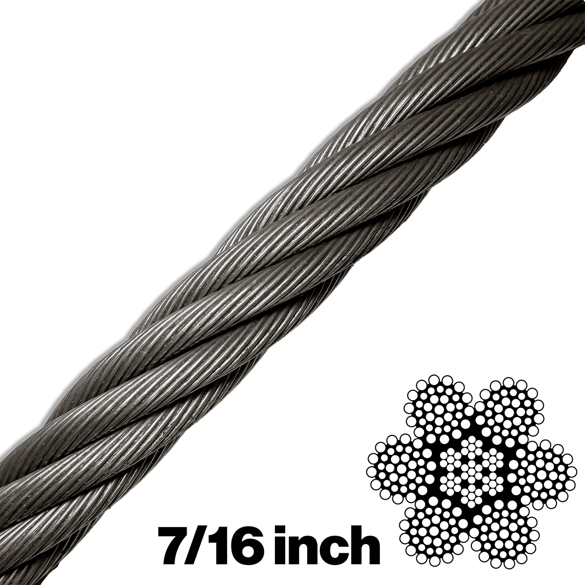 Canyon Rigging product photo of a 6X36 7/16 Inch wire rope (ungalvanized cable). in the lower right hand corner there is a graphic indicating to the wire build type which is 6x26. There is also a indicator to the wires diameter which is 7/16 an inch.