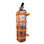 Canyon Rigging product photo displaying a custom rigging project. The project is a custom fire extinguisher designed to help survive industrial environments like construction and mining environment. This mount is made of orange polyester webbing.