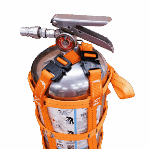 Canyon Rigging product photo displaying a custom rigging project. The project is a custom fire extinguisher designed to help survive industrial environments like construction and mining environment. This mount is made of orange polyester webbing. This photo shows off the top of the mount. the top has clips for easy access clip making replacing the fire extinguisher easy.