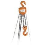 Chain Hoist Product Photo. The product is orange and has its chain in a bundle. the hoist is equipped with two hooks with safety clips.