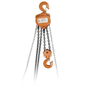 Chain Hoist Product Photo. The product is orange and has its chain in a bundle. the hoist is equipped with two hooks with safety clips.