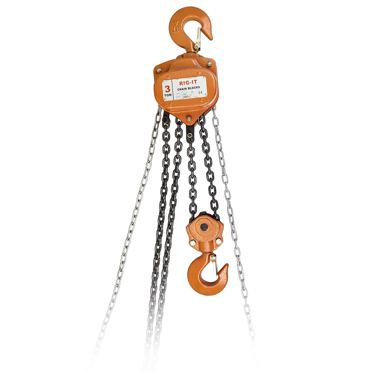 Chain Hoist Product Photo. The product is orange and has its chain in a bundle. the hoist is equipped with two hooks with safety clips.