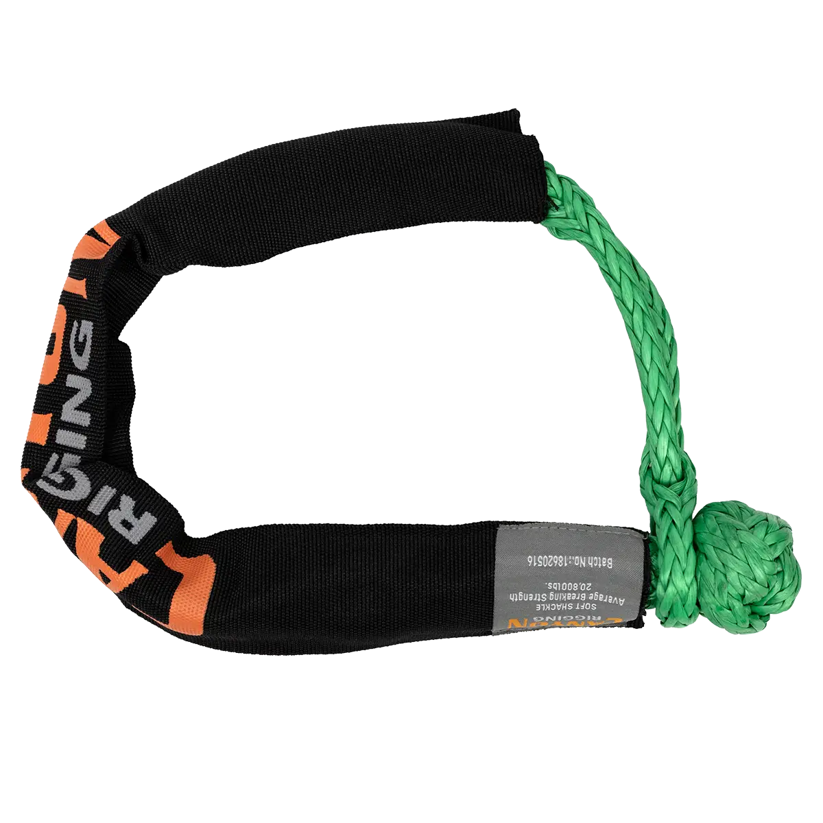 Canyon Rigging product photo of a green 5/16" soft shackle.