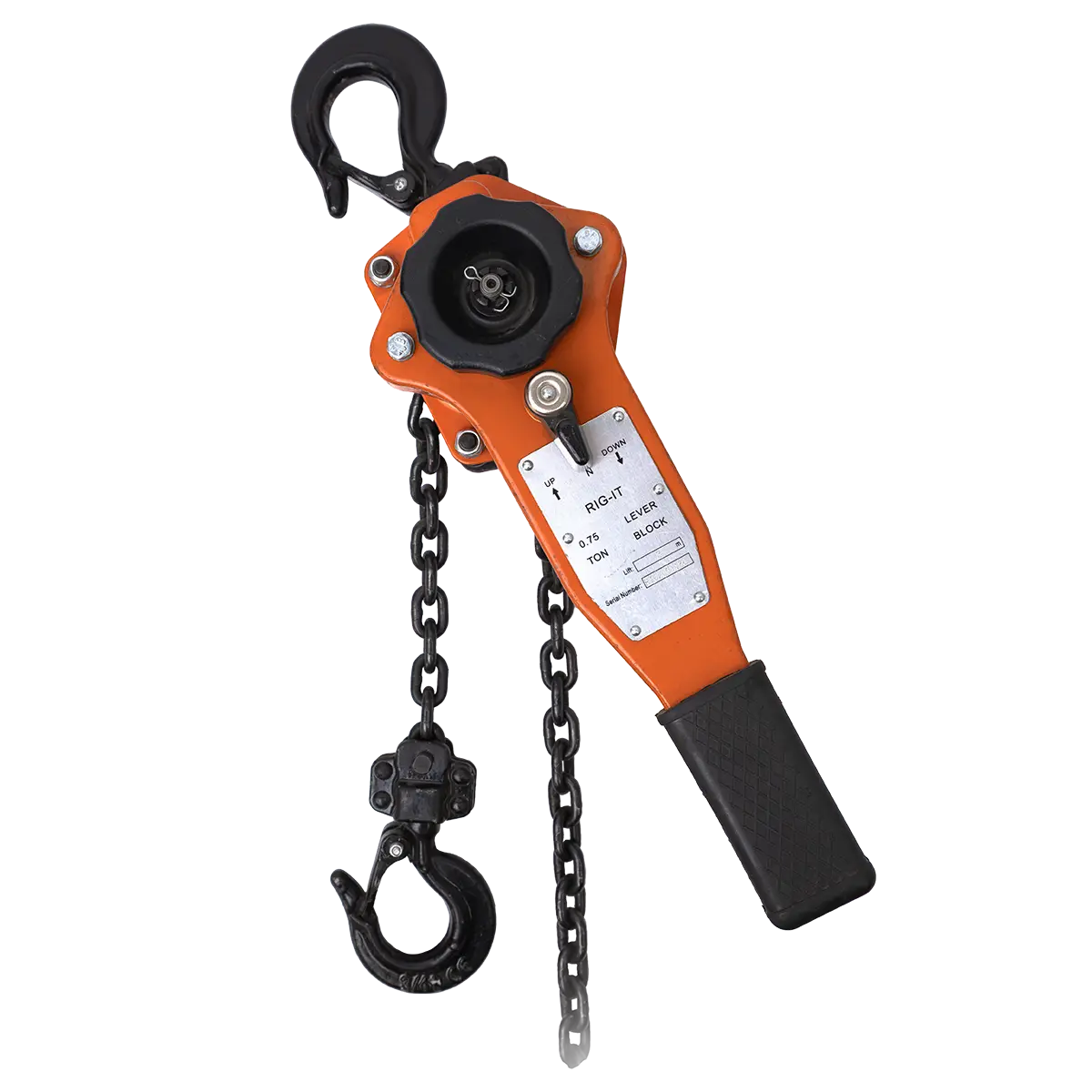Canyon Rigging product photo of a lever hoist. The lever hoist has painted black chains to improve weather resistance.