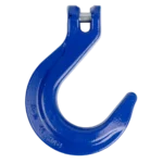 Canyon Rigging's product photo of a grade 100 clevis foundry hook. the hook has a clevis connecting point and is powder coated blue.