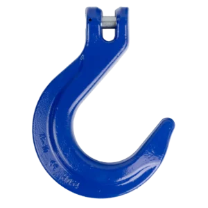 Canyon Rigging's product photo of a grade 100 clevis foundry hook. the hook has a clevis connecting point and is powder coated blue.