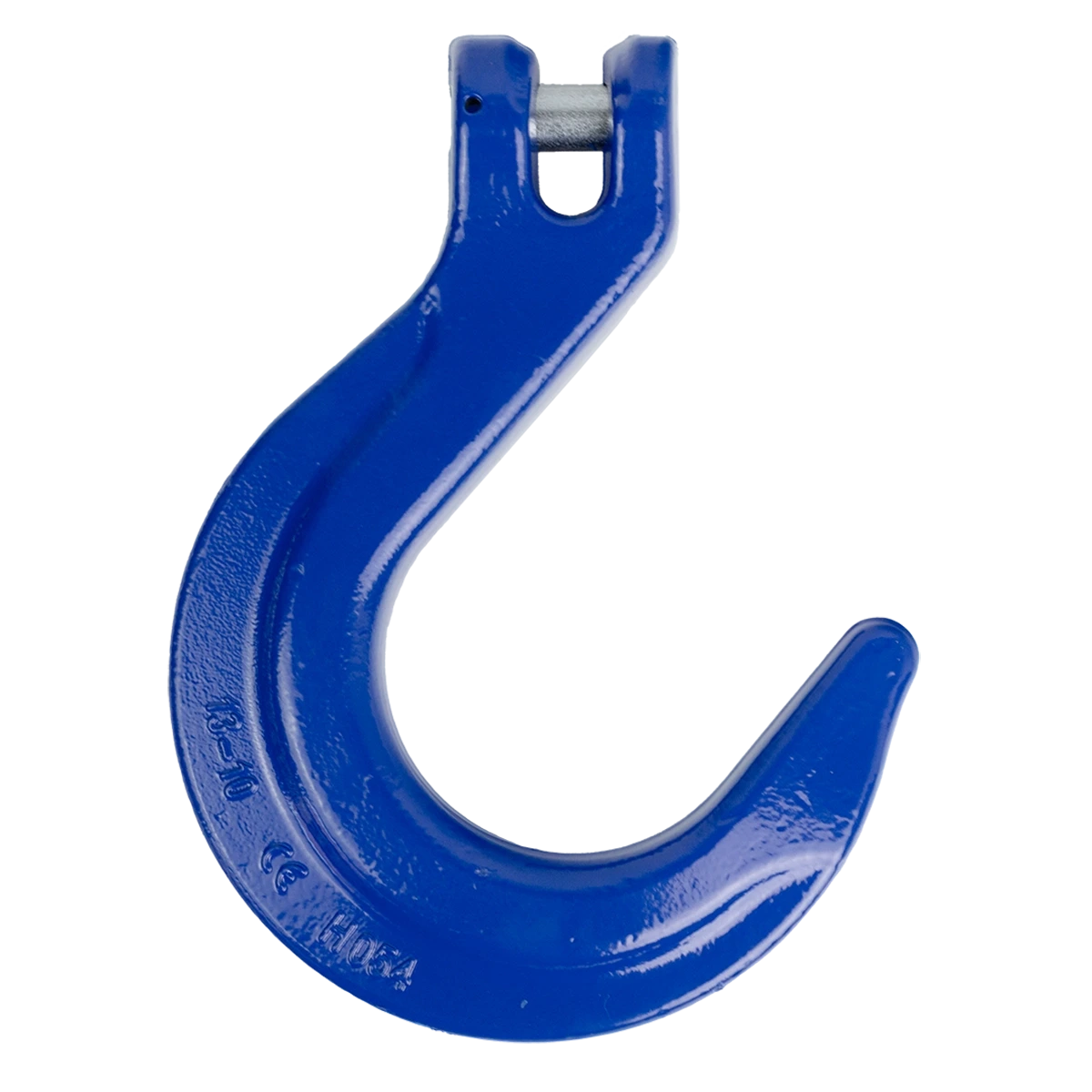Canyon Rigging's product photo of a grade 100 clevis foundry hook. the hook has a clevis connecting point and is powder coated blue.
