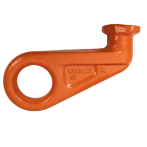 Canyon Rigging product photo of a shipping container hook. The hook has a large eye as a connecting point for hooks and rigging. the other end of the hook has a twist on system for attaching to shipping containers