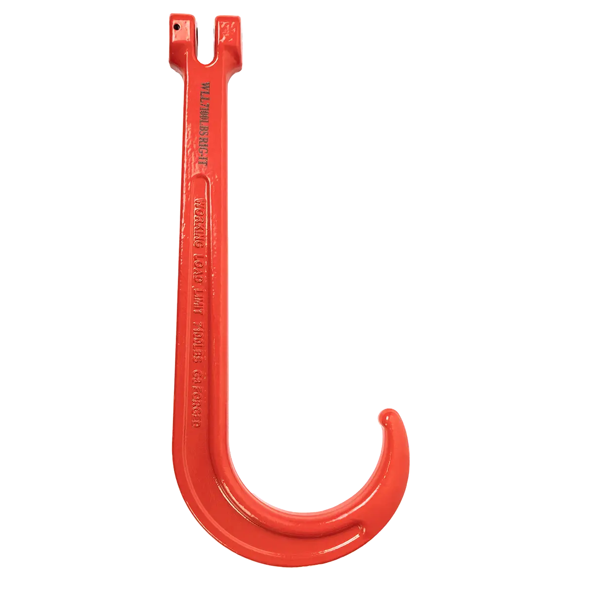 Canyon Rigging's Clevis J-style hook product photo. The hook is orange.